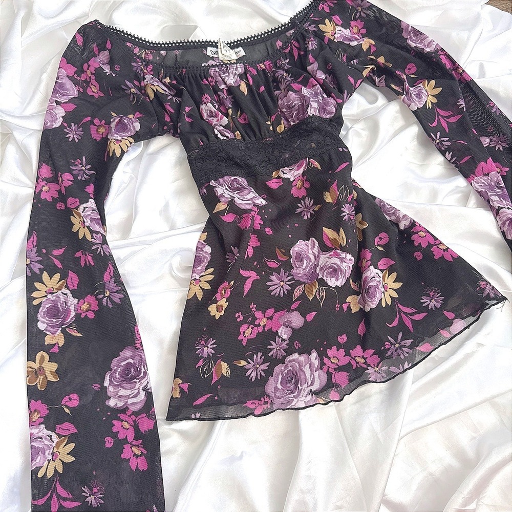 Self Esteem Vintage Y2K Floral Mesh Top Lace Empire Waist Bell Sleeve Whimsigoth